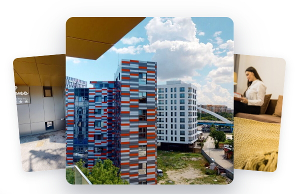 Colaj de poze cu hotelul, cladiri de birouri si imagine din camera